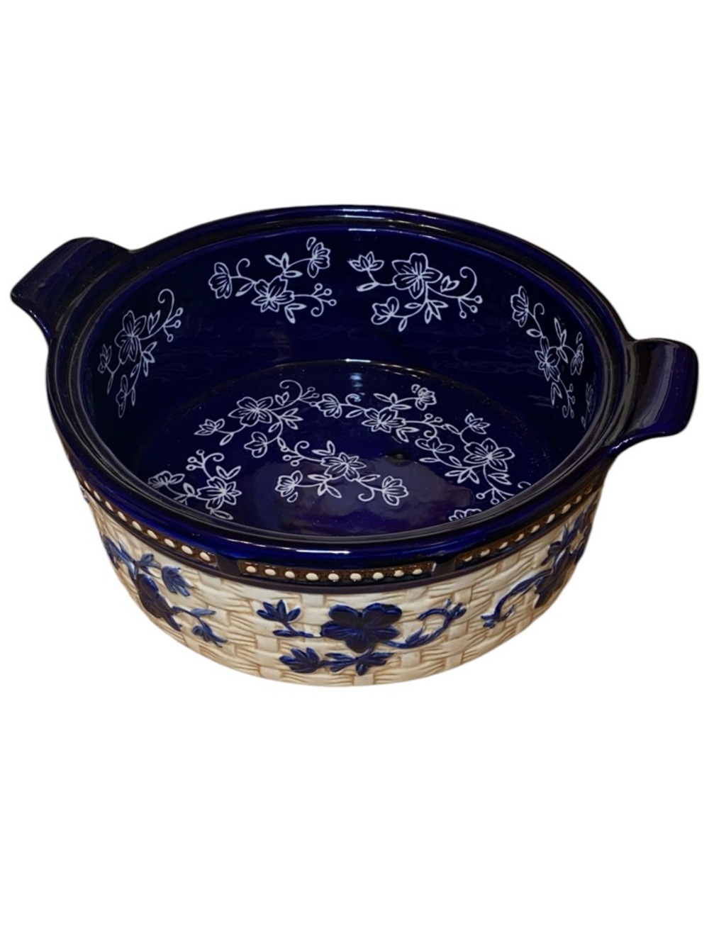 TEMP-TATIONS 2 QT CASSEROLE DISH Floral Lace Basketweave Design Blue Tan White - Picture 5 of 9